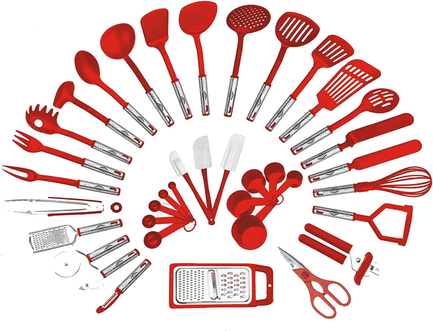 38-piece Kitchen Utensils Set Home Cooking Tools Gadgets Turners Tongs Spatulas Pizza Cutter Whisk Bottle Opener, Graters Peeler, Can Opener, Measuring Cups Spoons (Red)