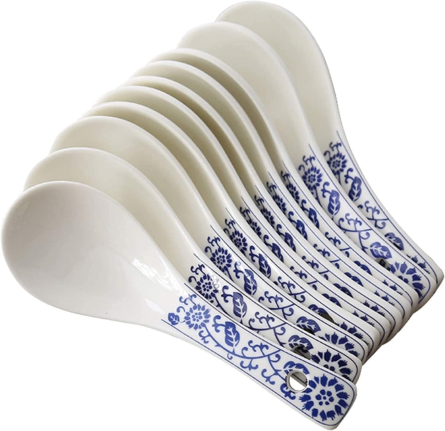 Pho spoon, Soup Ladle Hand-painted Blue And White Porcelain Ceramic Soup Spoon Set Household Soup Spoon 10 Piece Set 5.3 Inches Long Stainless Steel Soup Ladle
