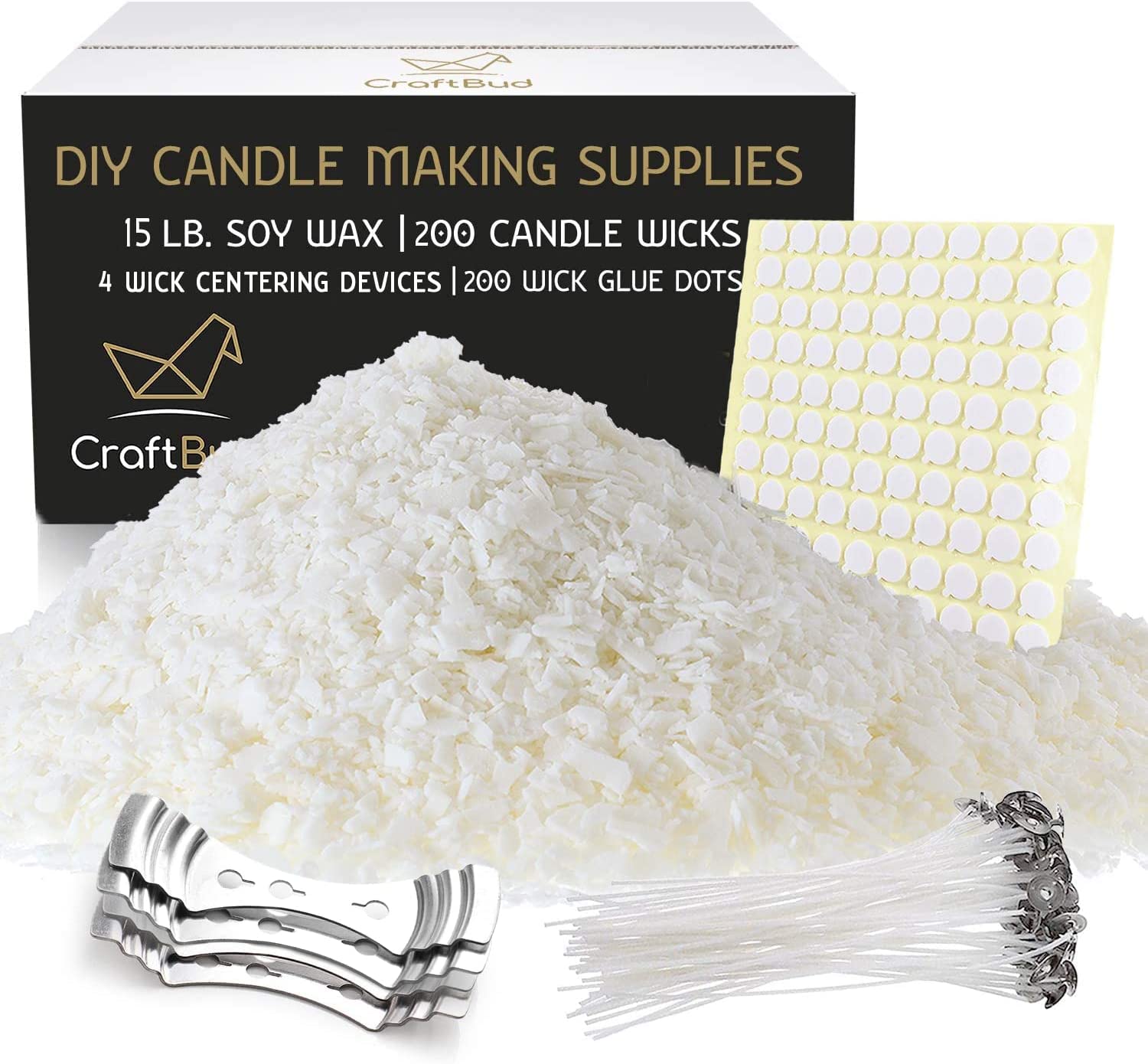 CraftBud Soy Candle Wax for Candle Making, Natural Soy Wax for Candle Making 15 lb Bag with Supplies, 100 Cotton Candle Wicks, 100 Wick Stickers, 2 Centering Devices – 15 Pounds Soy Wax Flakes