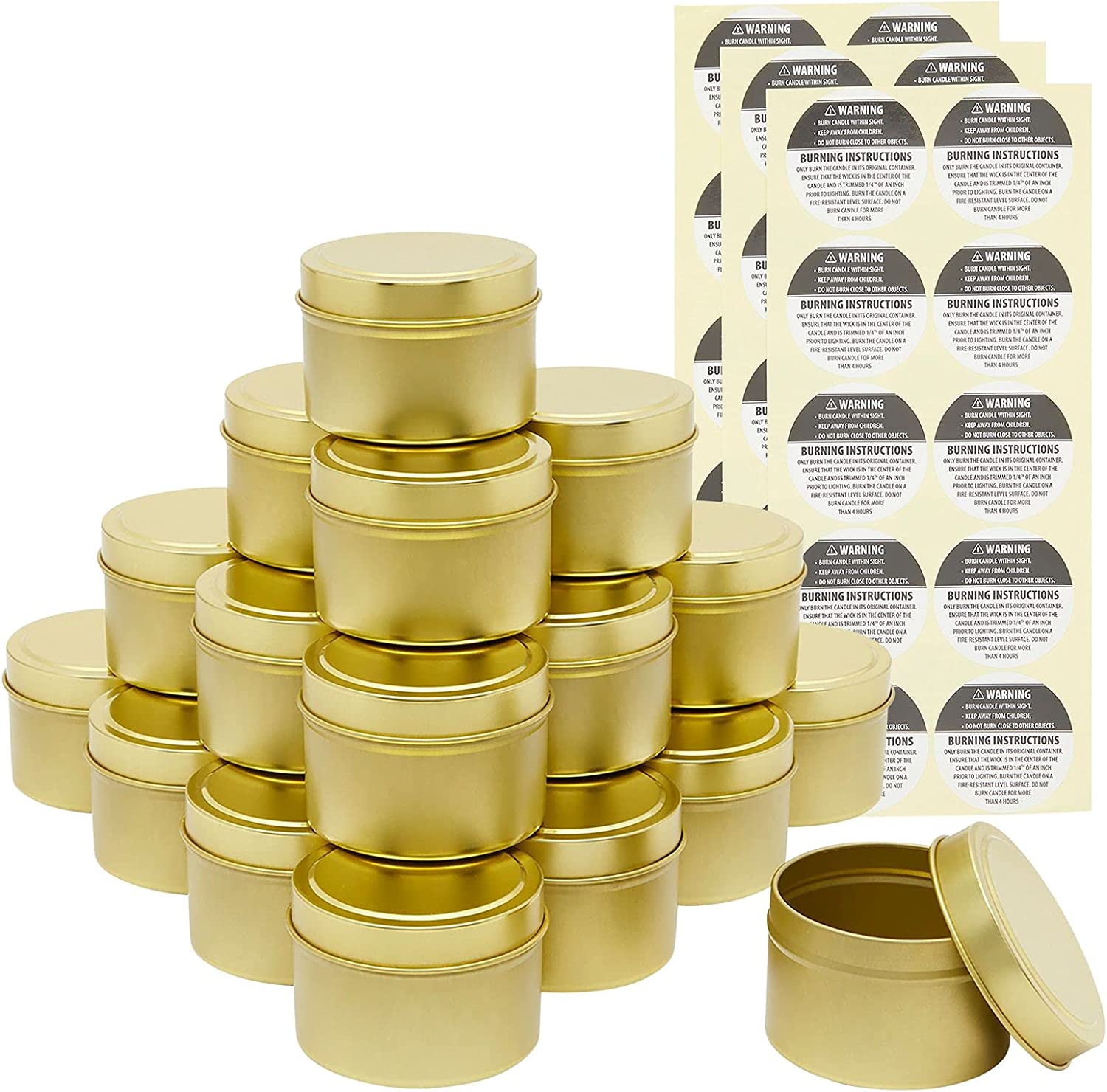 Gold Tin Jars for Candle Making, 5 oz Containers with Lids, Labels (24 Pack)