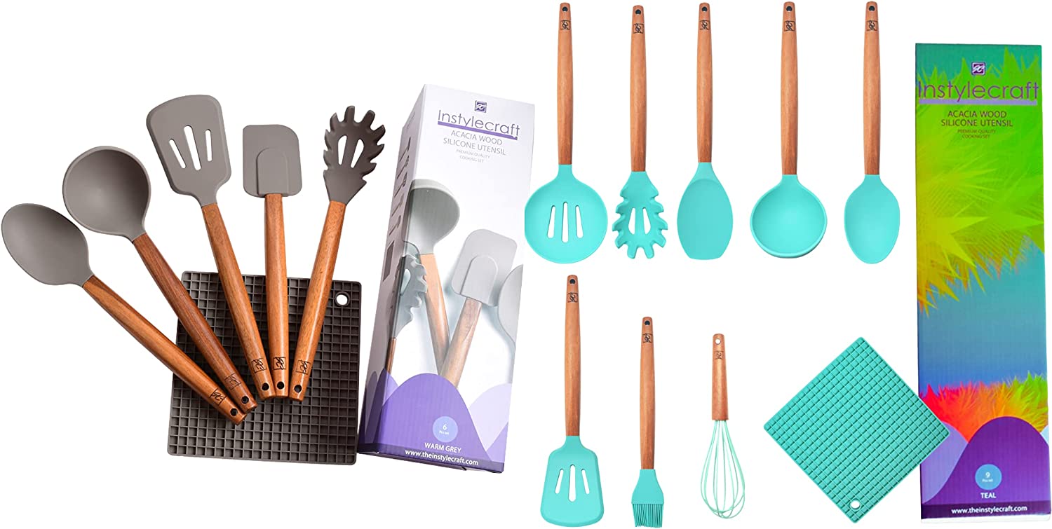 BUNDLE PACK OF GREY & TEAL Silicone Kitchen Utensil Sets with Comfortable Grip Acacia Wood Handles, Cooking set, Kitchen Utensils Tools, Wooden Handle Spoons, Multi-functional