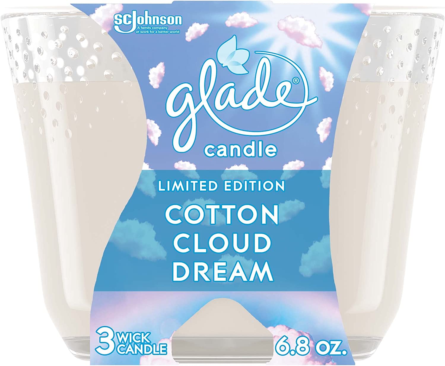 Glade Candle Cotton Cloud Dream, Fragrance Candle Infused with Essential Oils, Air Freshener Candle, 3-Wick Candle, 6.8 Oz, 3 Count