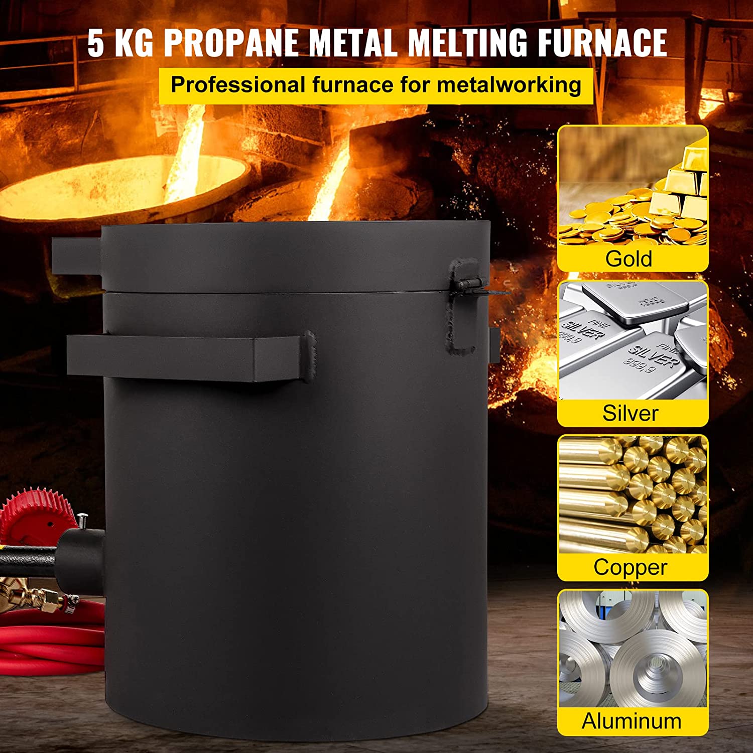 VEVOR Propane Melting Furnace 6KG, 2462°F Metal Foundry Furnace Kit – Graphite Crucible and Tongs, Casting Melting Smelting Refining Precious Metals Like Gold Silver Aluminum Copper Brass Bronze