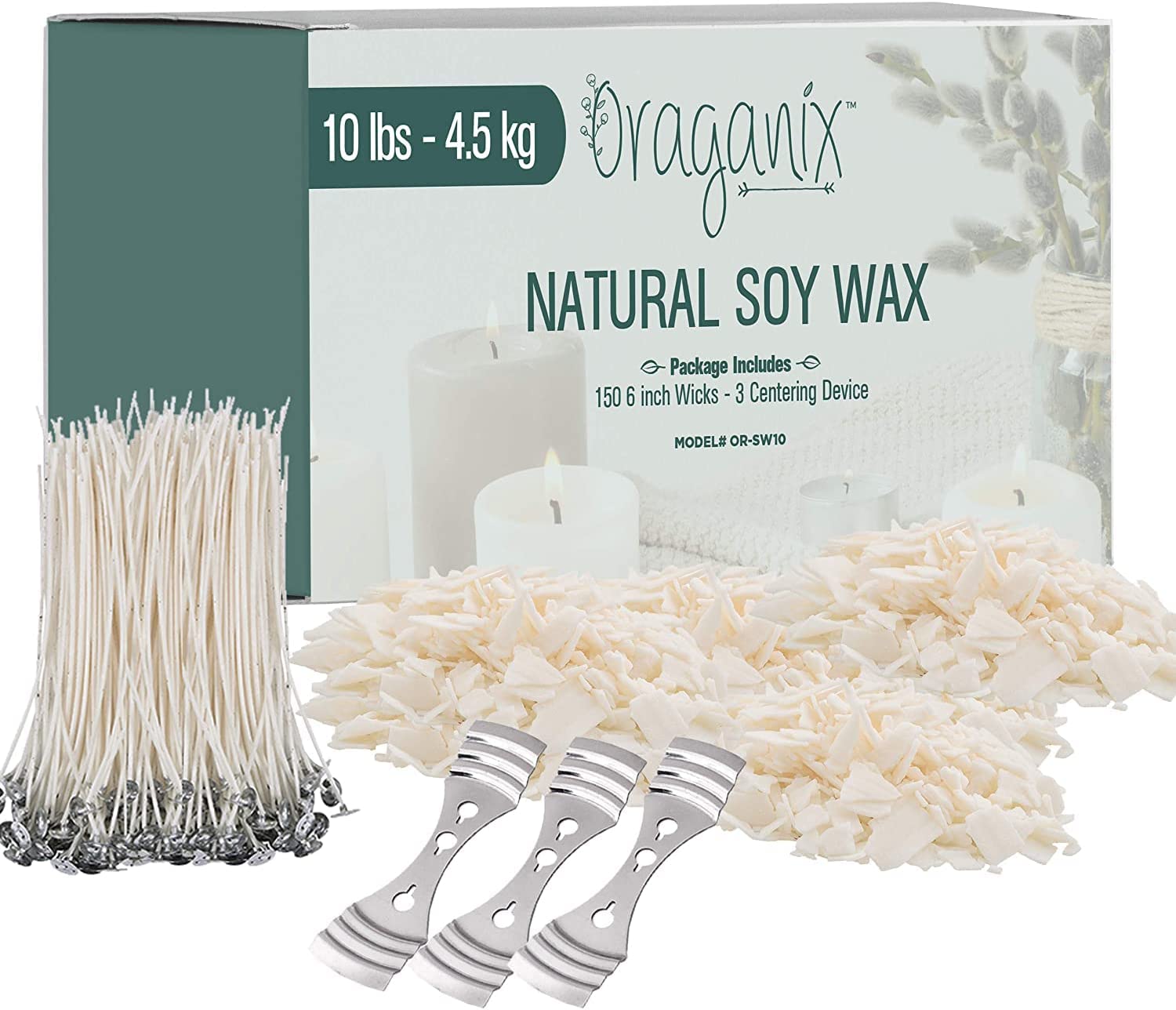 Oraganix DIY Candle Making Kit and Candle Making Supplies – 10 lbs Soy Candle Wax – 150 6-Inch Pre-Waxed Candle Wicks – 3 Metal Centering Devices