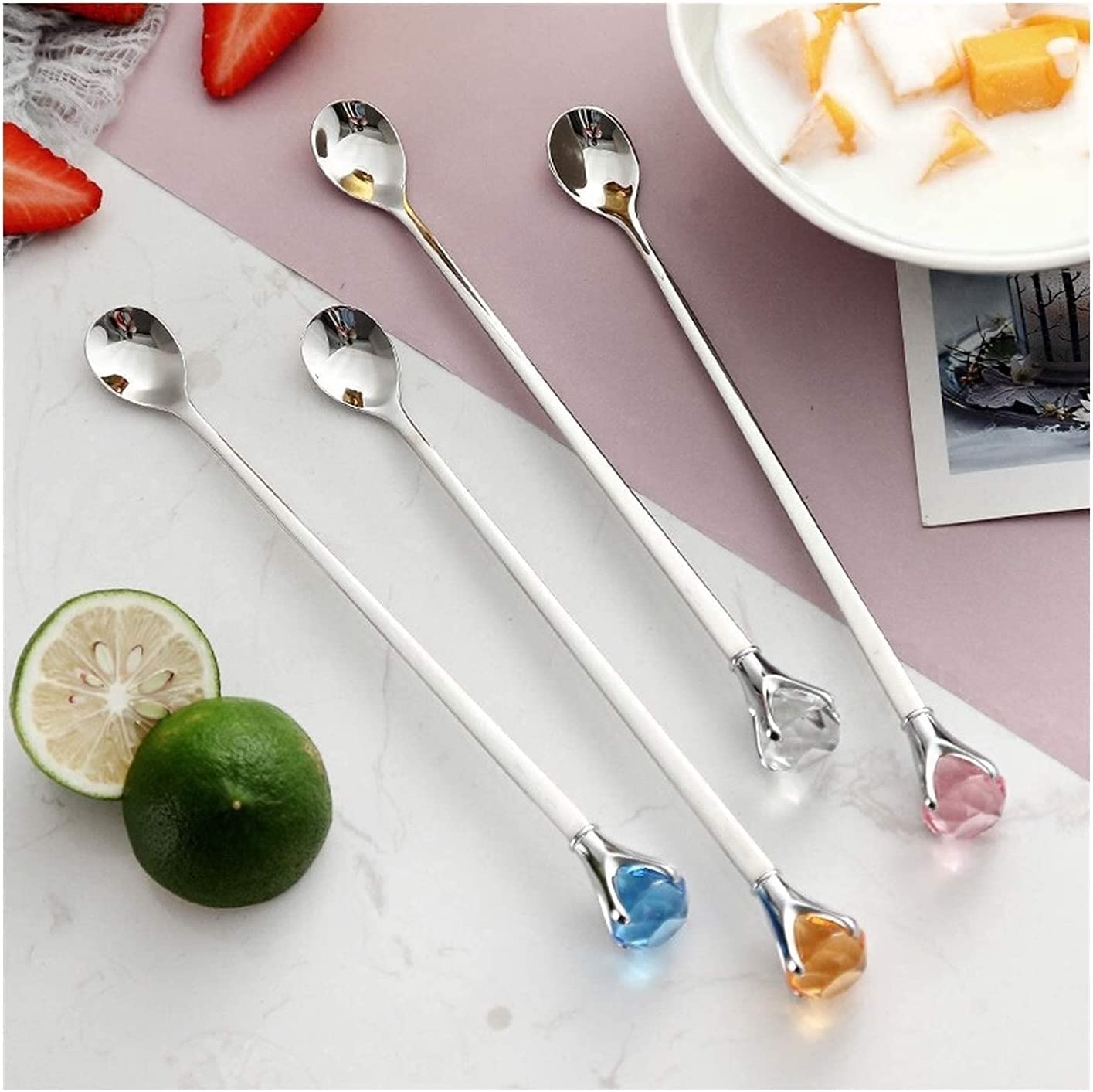 Pho spoon, Soup Ladle Creative Solid Spoon with Diamonds Long Handle Stainless Steel Latte Spoons Ideal for Coffee Dessert Teaspoons Ice Cream Stainless Steel Soup Ladle