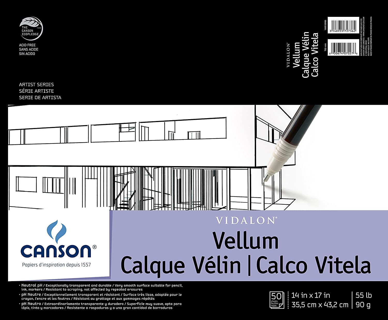 Canson Artist Series Vidalon Vellum Paper Pad, Translucent and Acid Free for Pencil, Ink and Markers, Fold Over, 55 Pound, 14 x 17 Inch, 50 Sheets