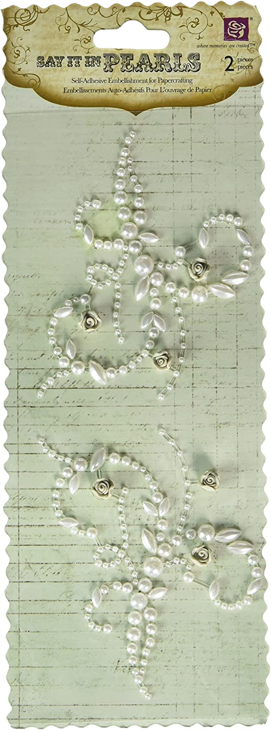 Prima 535667 6-1/2-Inch Say It in Pearls Self Adhesive Jewel Art Mini Flourish with Roses, Cream