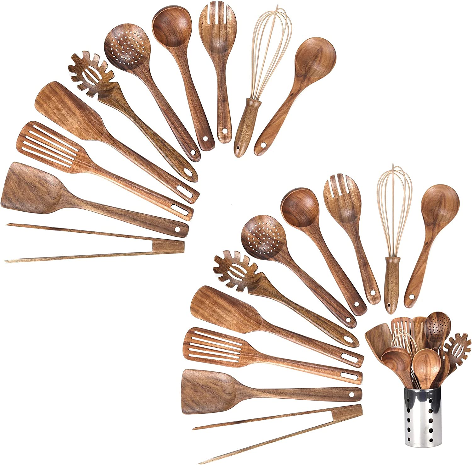 21 Pack Wooden Spoons Set with Holder Wood Kitchen Cooking Nonstick Utensil Set