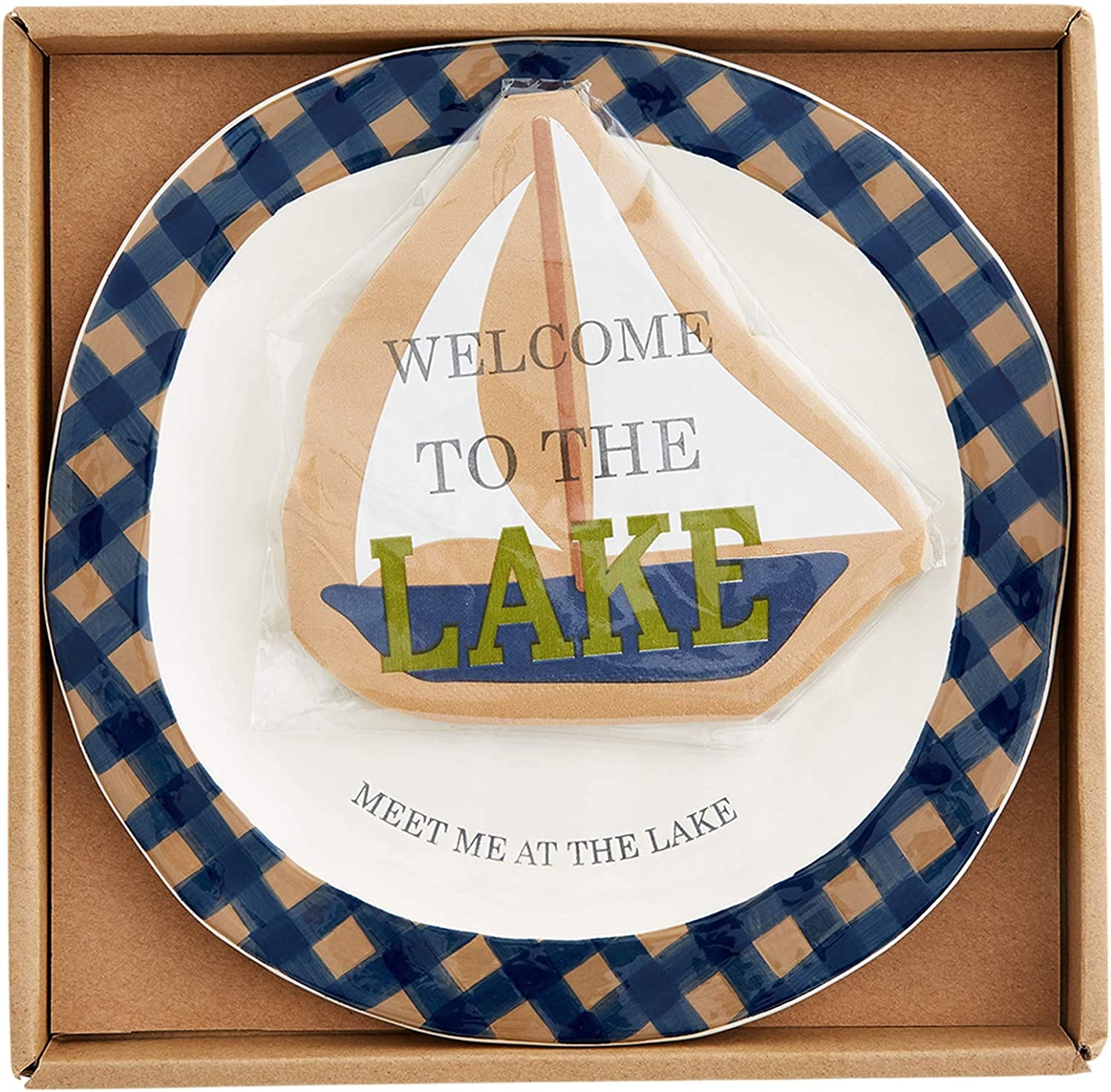 Mud Pie Lake Hand Painted Cheese Set, plate 8 1/2″ dia | napkins 5 1/2″ x 5 1/2″, White Import To Shop ×Product customization