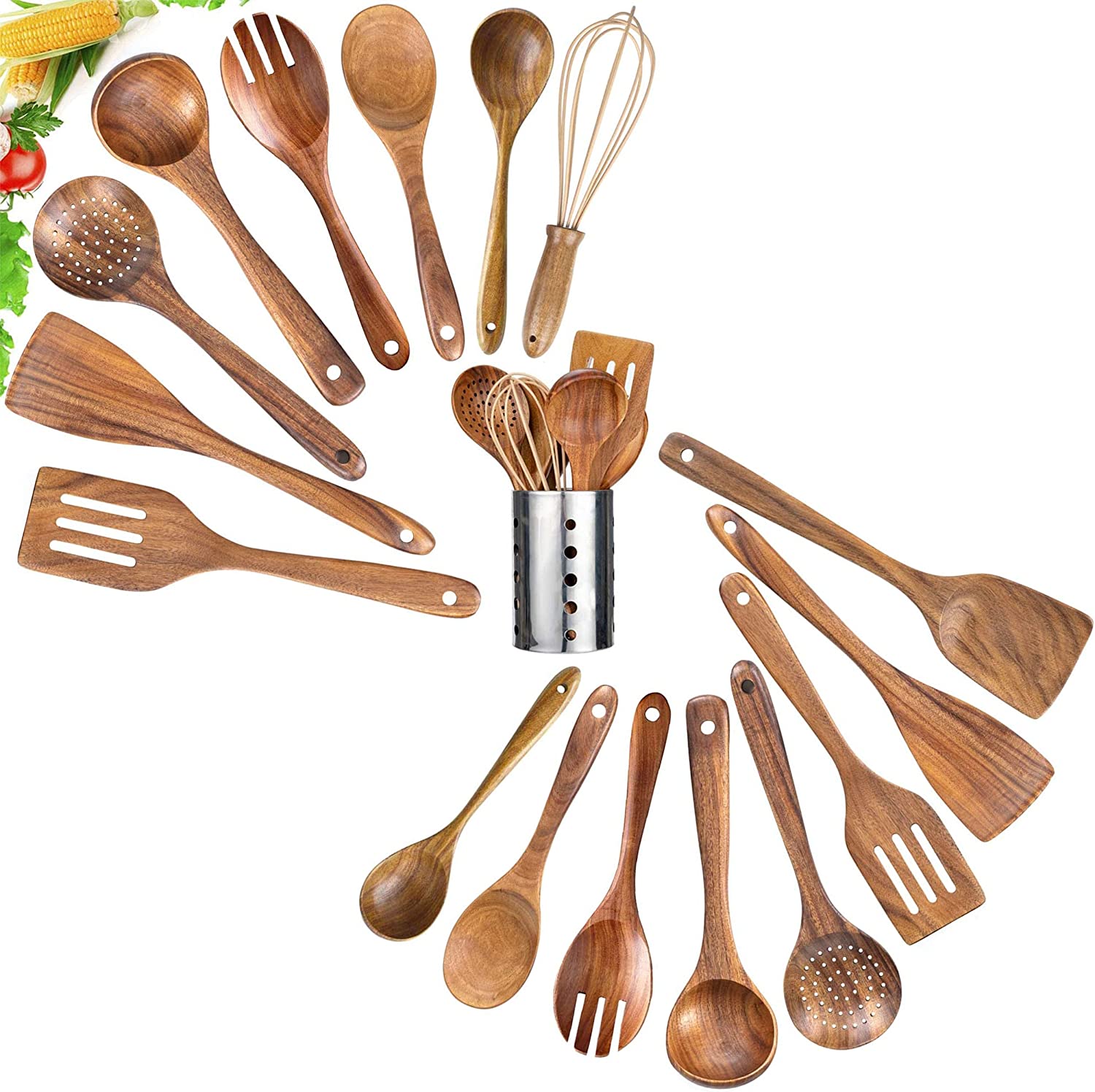 17 Pack Wooden Spoons with Holder Wood Kitchen Utensil Set for Cooking Nonstick Kitchen