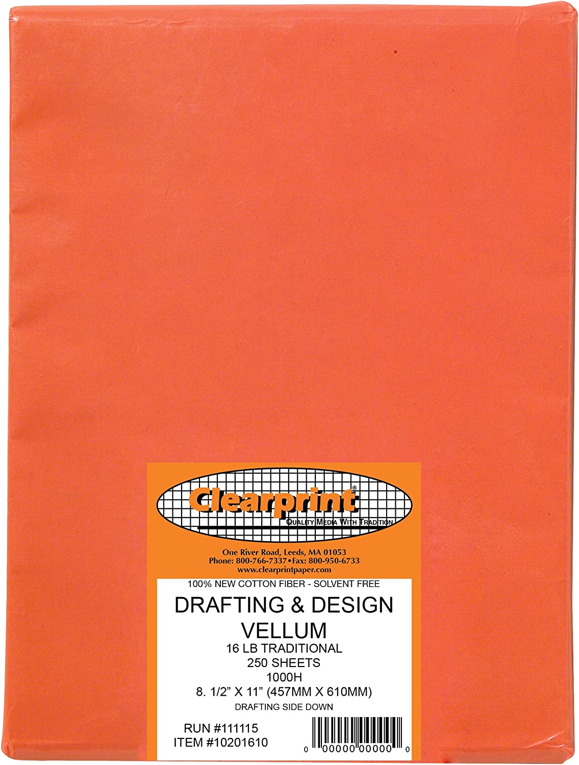Clearprint 1000H Design Vellum Sheets, 16 lb., 100% Cotton, 8-1/2 x 11 Inches, 250 Sheets Per Pack, Translucent White, 1 Each (10201610)