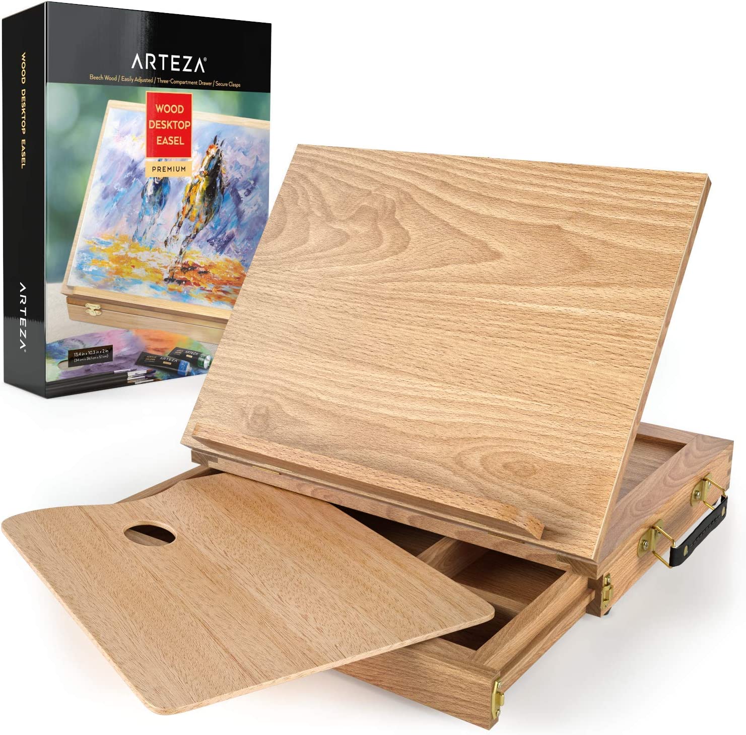 Arteza Tabletop Easel, 13.4 x 10.3 x 2 Inches, Portable Beechwood Easel Box with 3-Compartment Drawer and Wooden Palette, Art Supplies Storage for Professional Artists and Hobby Painters