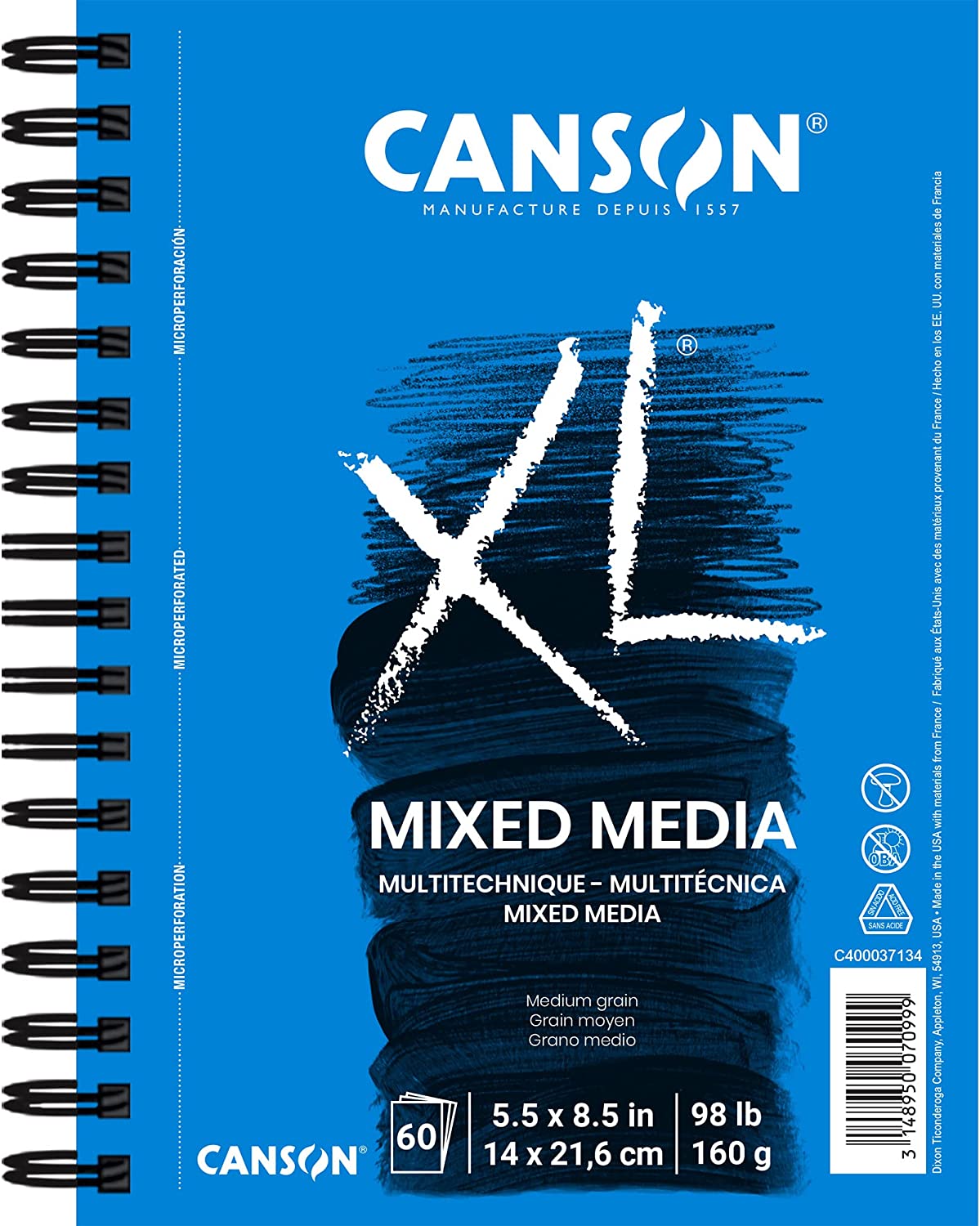 Canson XL Series Mix Paper Pad, Heavyweight, Fine Texture, Heavy Sizing for Wet or Dry Media, Side Wire Bound, 98 Pound, 5.5 x 8.5 in, 60 Sheets, 5.5″X8.5″