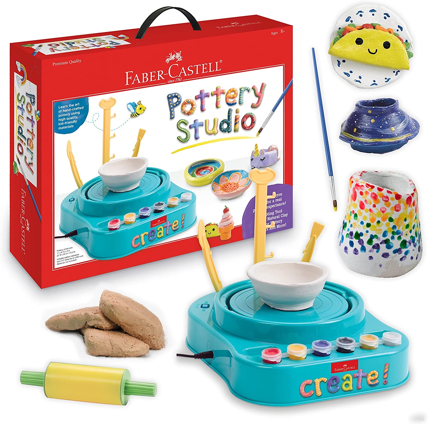 Faber-Castell Pottery Studio – Kids Pottery Wheel Kit for Ages 8+, Complete Pottery Wheel and Painting Kit for Beginners, 3 lbs