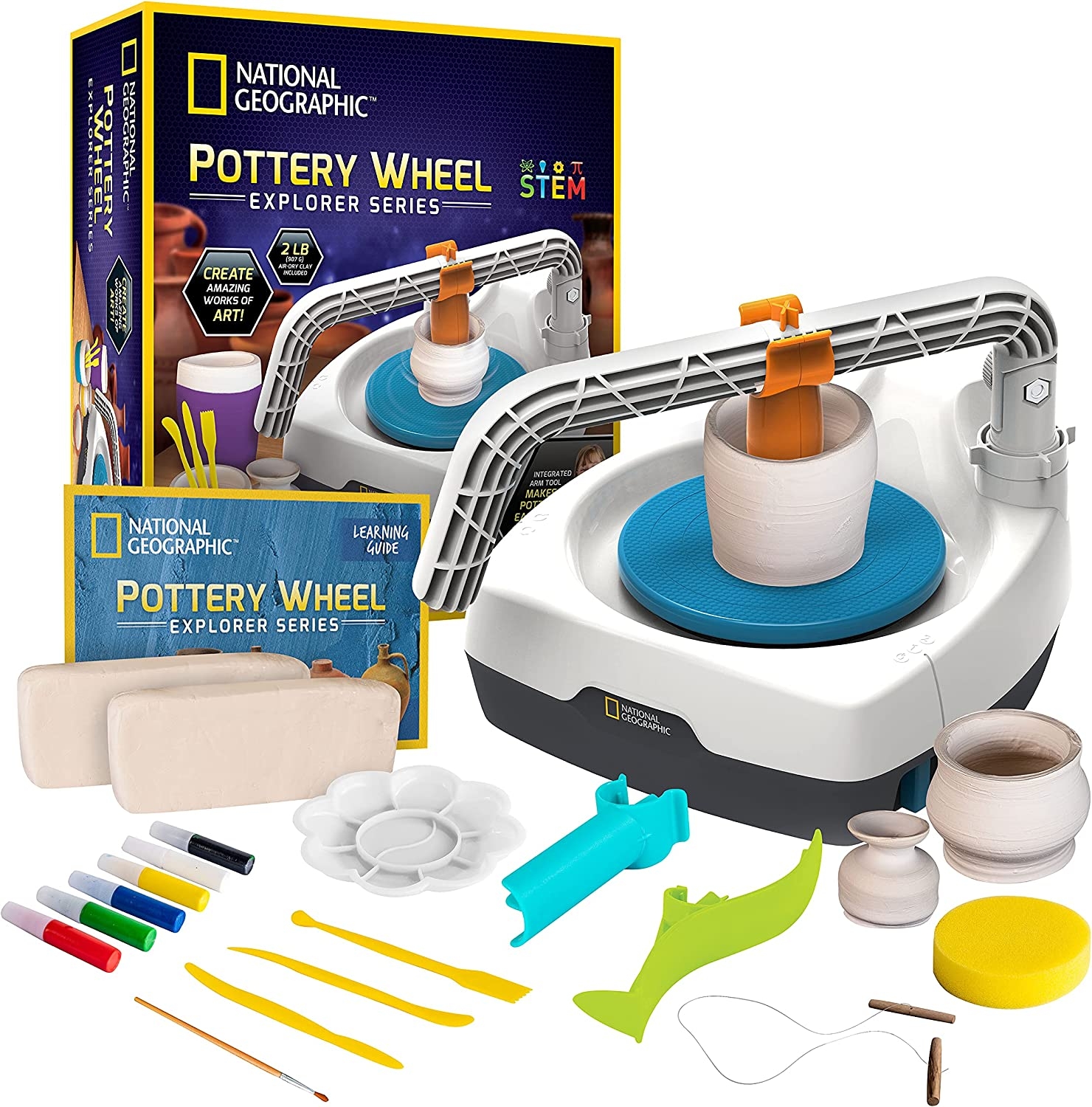 NATIONAL GEOGRAPHIC Kid’s Pottery Wheel – Complete Pottery Kit for Kids, Electric Motor, 2 lbs. Air Dry Clay, Sculpting Clay