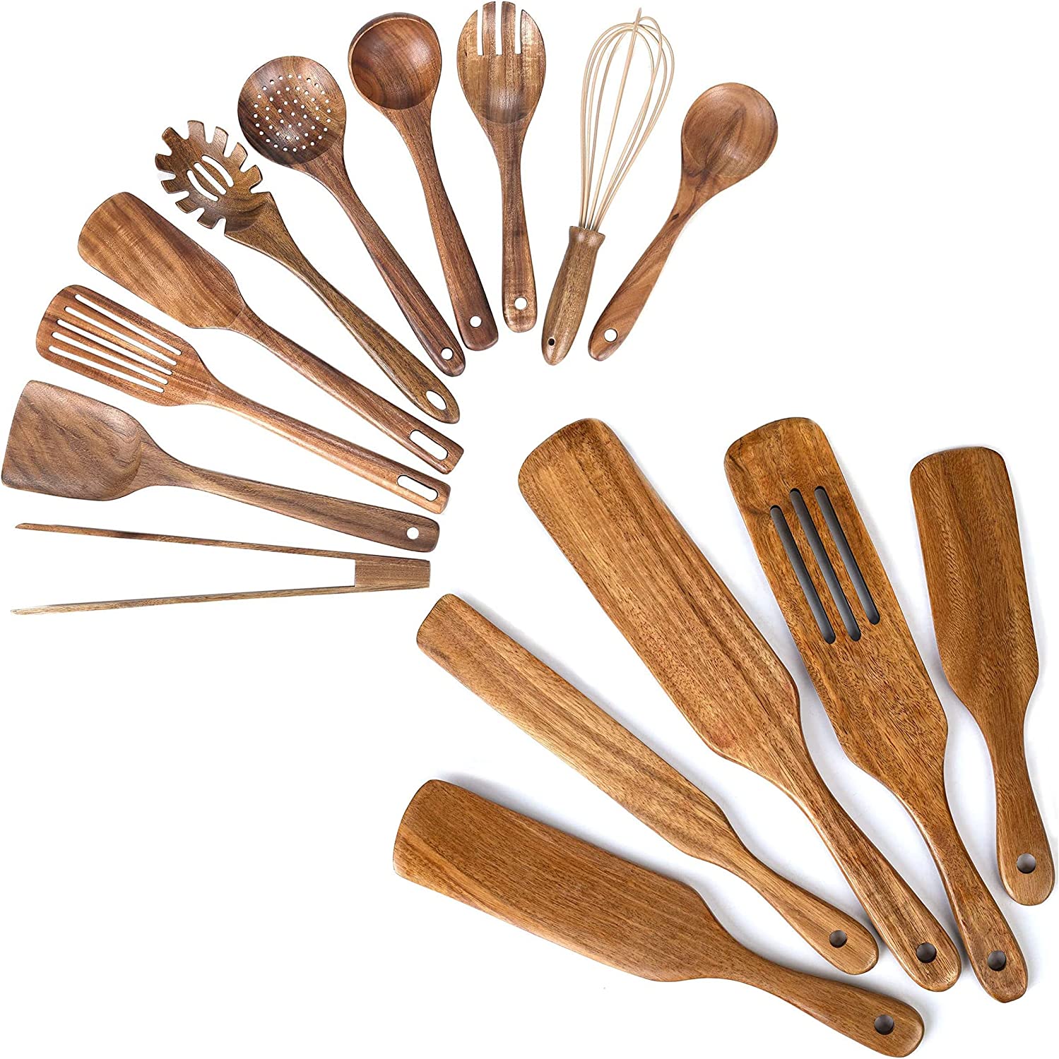 10 Pack Wooden Spoons Set + 5 Pack Wooden Spurtles Set Wood Kitchen Cooking Nonstick Utensil Set