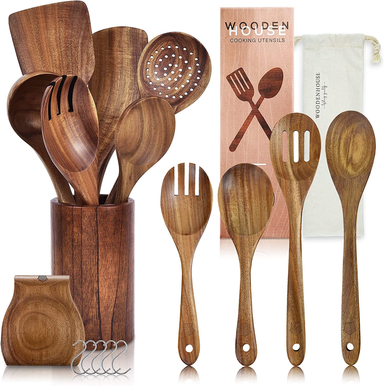 Wooden Cooking Utensils & Wood Spoons Bundle – Kitchen Utensils Set of 13 & Mixing and Serving Spoons, Set of 4