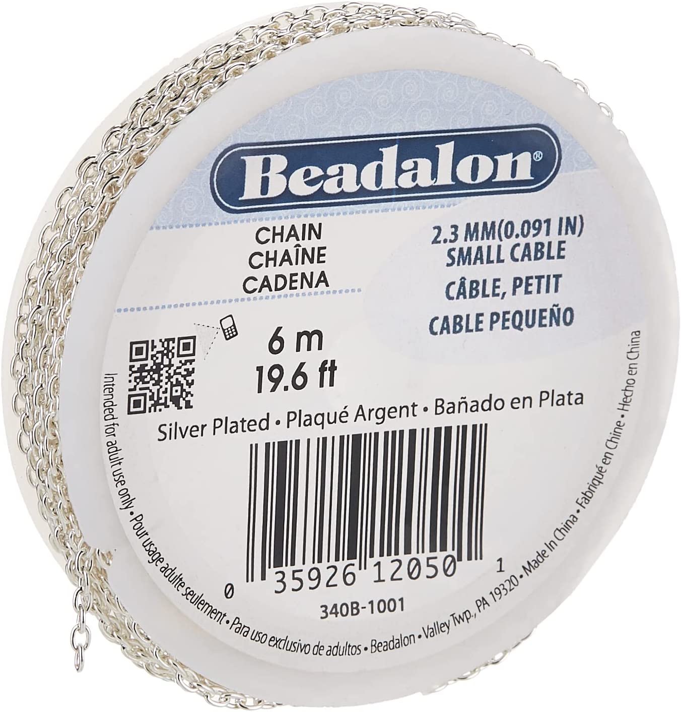 Beadalon 2.3mm Jewelry Making Chain, 6m, Small Cable, Silver Plated