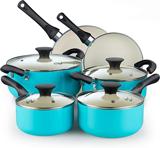 Cook N Home Pots and Pans Set Nonstick, 10 Piece Ceramic Cookware Sets, Kitchen Non Stick Cooking Set with Saucepans, Frying Pans, Dutch Oven Pot…