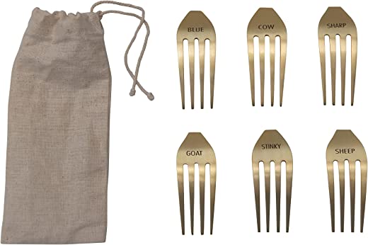 Creative Co-Op Stainless Steel Fork Cheese Markers with Drawstring Bag, Set of 6 Cutlery, Brass