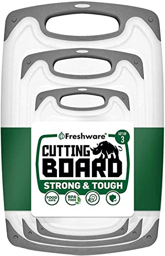 Freshware Cutting Board Set [Set of 3] Juice Grooves with Easy-Grip Handles, Plastic Chopping Board for Kitchen, BPA-Free, Non-Porous, Dishwasher Safe