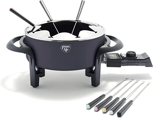 GreenLife 14 Cup Electric Fondue Maker Pot Set For Cheese, Chocolate, and Meat, 8 Color Coded Forks, Healthy Ceramic Nonstick, Adjustable…