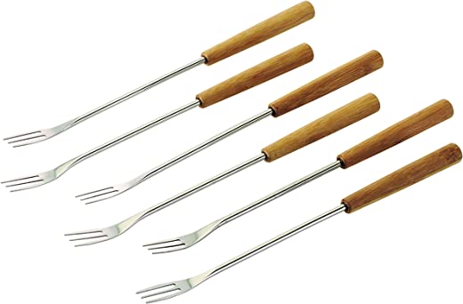 Kuhn Rikon 6 Piece Cheese Fondue Forks With Bamboo Handles, Small, Silver/Brown