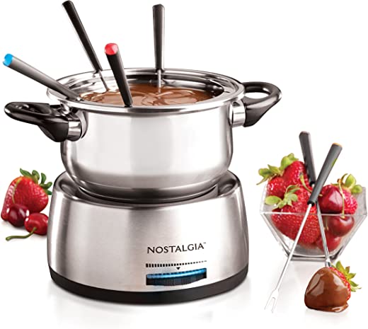 Nostalgia FPS200 6-Cup Stainless Steel Electric Fondue Pot with Temperature Control, 6 Color-Coded Forks and Removable Pot – Perfect for Chocolate,…