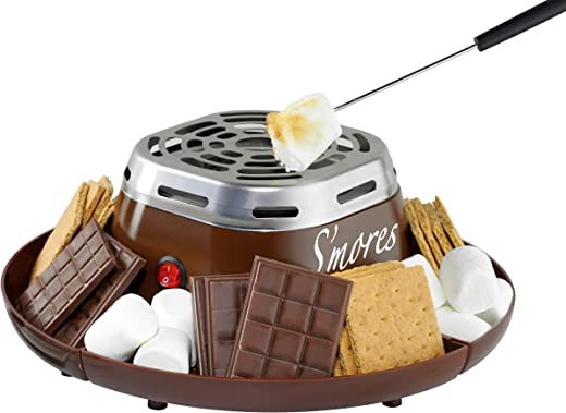Nostalgia Indoor Electric Stainless Steel S’mores Maker with 4 Compartment Trays for Graham Crackers, Chocolate, Marshmallows and 2 Roasting Forks,…