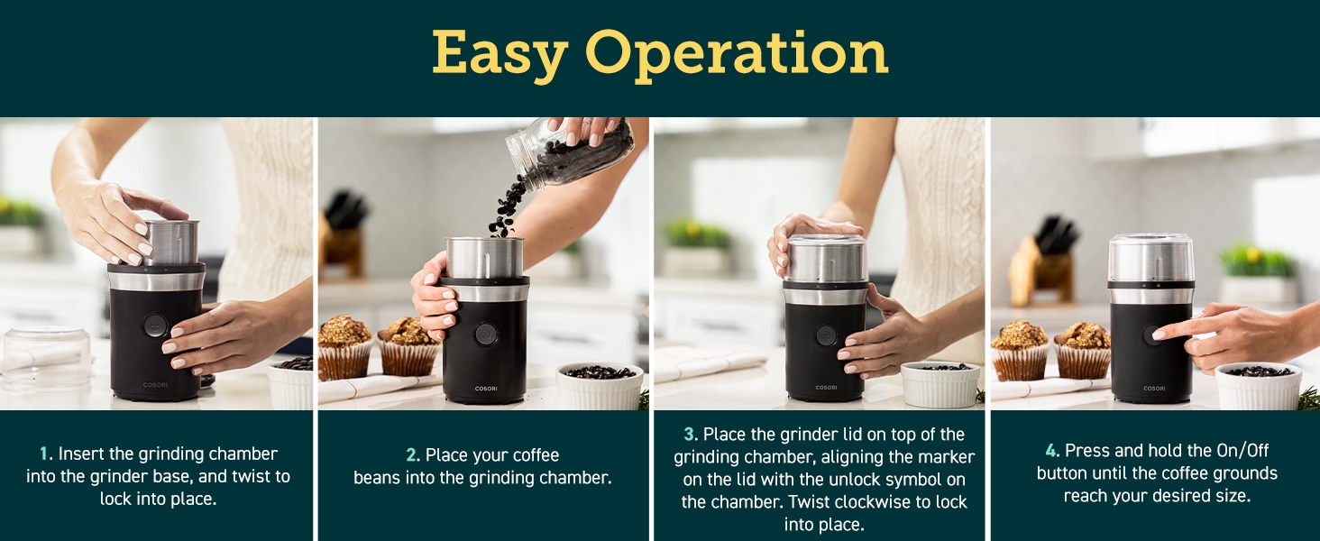 COSORI coffee grinder electric is easy to use, only 4 steps
