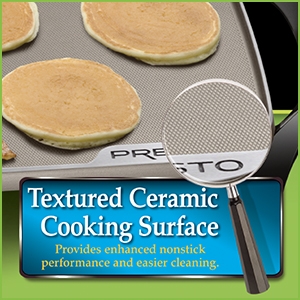 Textured ceramic nonstick surface for stick-free cooking and easy cleaning.