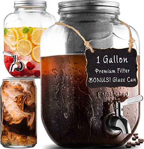 1 Gallon Cold Brew Coffee Maker, with 3rd Generation Mesh Filter & Stainless Steel Spigot, Extra Thick Large Glass Mason Jar Drink Dispenser…