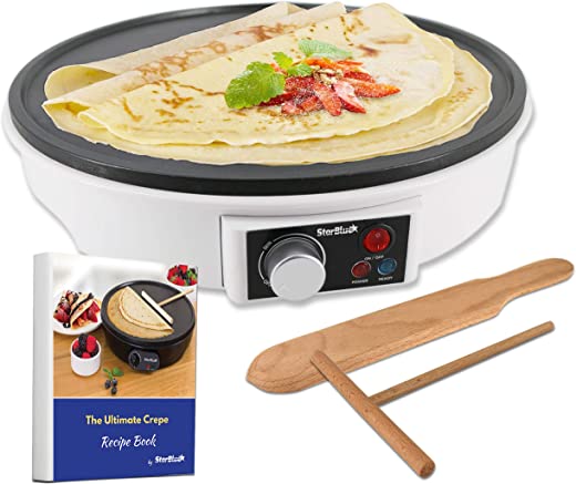 12″ Electric Crepe Maker by StarBlue with FREE Recipes e-book and Wooden Spatula – Nonstick and Portable Pan, Compact, Easy Clean with On/off…