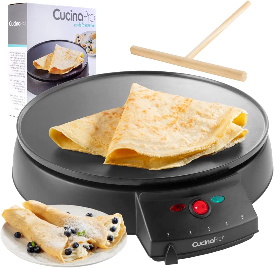 12″ Griddle & Crepe Maker, Non-Stick Electric Crepe Pan with Batter Spreader and Recipe Guide- Dual Use for Blintzes Eggs Pancakes, Portable,…