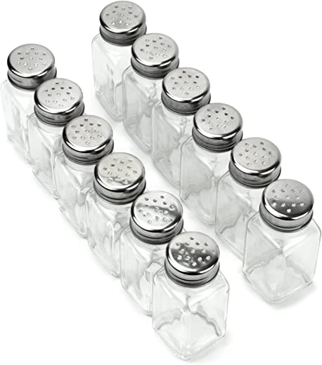 12 Pack of Spice Shakers, Salt & Pepper, Spices, & Seasonings – Stainless Steel Top & Glass Body, Restaurant & Home Kitchen Supplies by Back of…