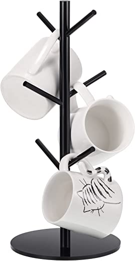 14 Inch Coffee Mug Tree Mug Holder Tree Coffee Mug Rack Cup Holders for Counter with 6 Hooks Removable Mug Stands (Black,Acrylic)