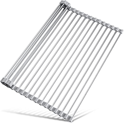 17.7″ x 15.5″ Large Dish Drying Rack, Attom Tech Home Roll Up Dish Racks Multipurpose Foldable Stainless Steel Over Sink Kitchen Drainer Rack for…