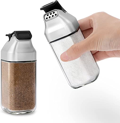 2 Pack Salt and Pepper Shakers Set – Glass Salt Shaker with Sealed Lid -Cute Spice Dispenser for Kitchen or Restaurant – Refillable Seasoning…