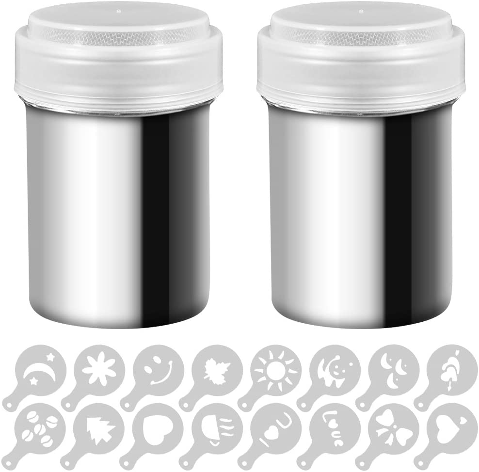 2 Stainless Steel Powder Shakers, SENHAI Mesh Shaker Powder Cans for Coffee Cocoa Cinnamon Powder with Lid, with 16 pcs Printing Molds Stencils