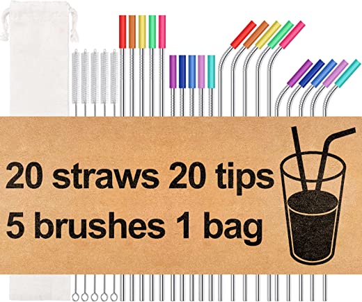 20 Pack Reusable Stainless Steel Metal Straws,10.5″ & 8.5″ Reusable Drinking Straws with 20 Silicone Tips 5 Straw Brushes 1 Travel Case,Eco…