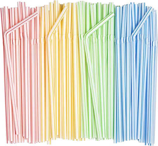 [200 Pack] Flexible Disposable Plastic Drinking Straws – 7.75″ High – Assorted Colors Striped