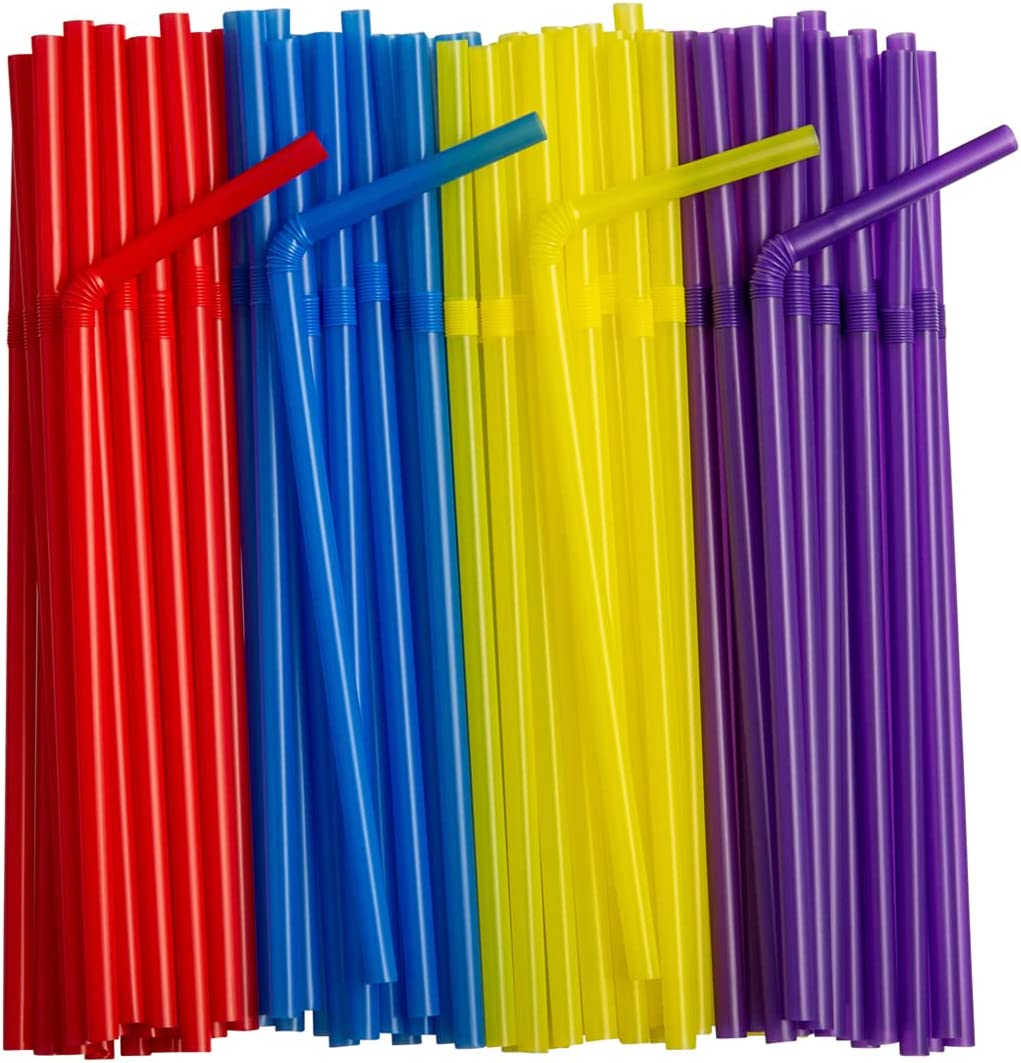 [250 Count] Flexible Disposable Plastic Drinking Straws – 7.75″ High – Assorted Colors