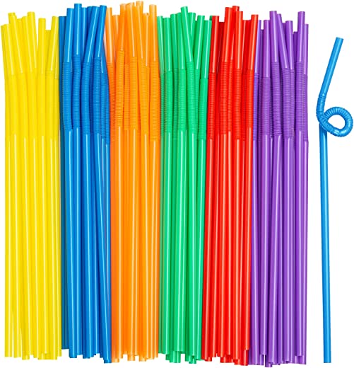 [300 Pack] Long Flexible Disposable Plastic Drinking Straws – 10.02″ High – Assorted Colors