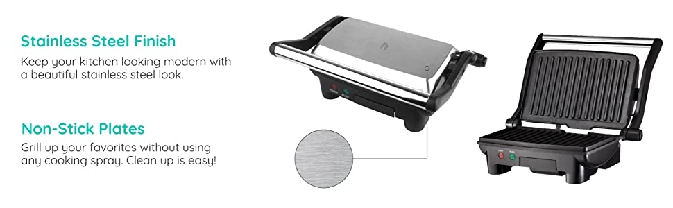 contact grill;non stick surface;stainless steel;2 slice;sandwiches;floating hinge;grilling;compact