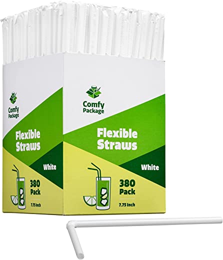 [380 Pack] Individually Wrapped Disposable Plastic Flexible Drinking Straws – BPA Free – White