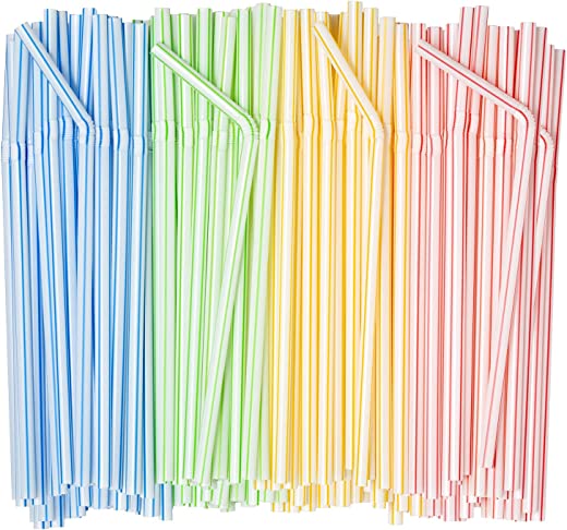 [400 Pack] Flexible Disposable Plastic Drinking Straws – 7.75″ High – Assorted Colors Striped…