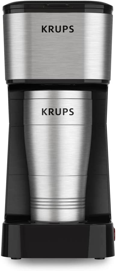 KRUPS Simply Brew to Go Single Serve Drip Coffee Maker with Travel Tumbler Included, 12 fluid ounces, Silver and Black Import To