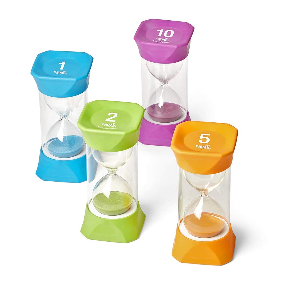 hand2mind Orange Jumbo Sand Timers, 5 Minute Sand Timer, Hourglass Sand Timer with Soft Rubber End Caps Offers Quiet Pausing,