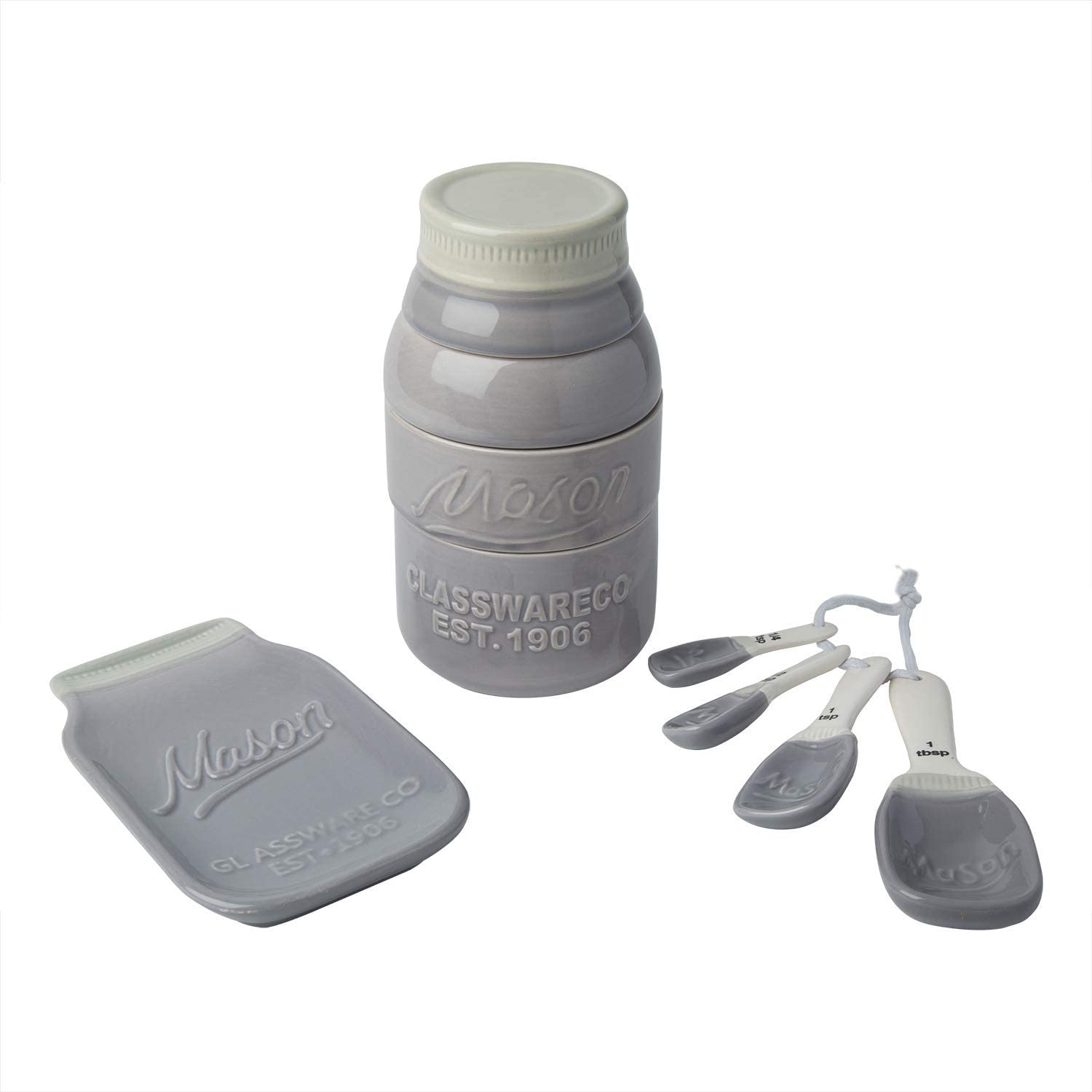 Vintage Mason Jar Kitchenware Set Multi-Piece Kitchen Ceramic Décor Set w/ 4 Measuring Cups, 4 Measuring Spoons and Spoon Rest