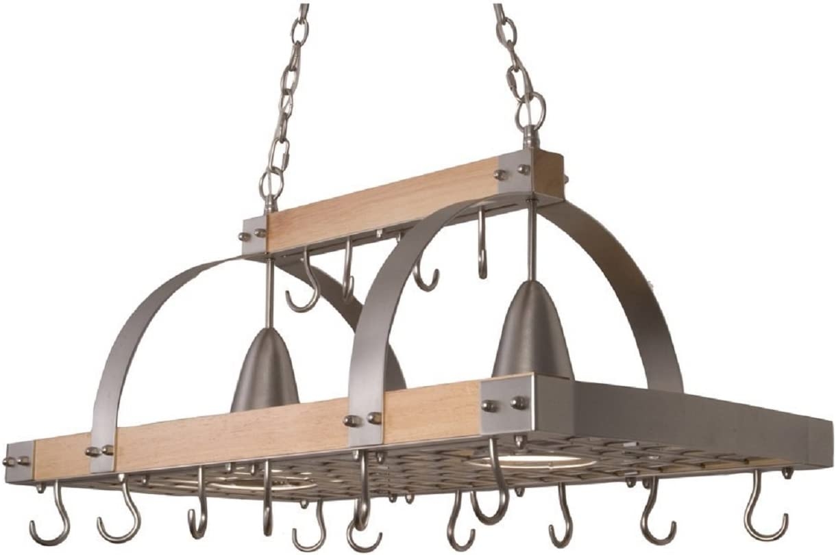 Elegant Designs PR1001-WOD 2 Light Kitchen Wood Pot Rack with Downlights, Wood with Brushed Nickel Accents Import To Shop